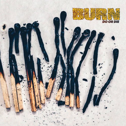 "Vinyl record with a black and gold splatter design and album cover with burnt matches."