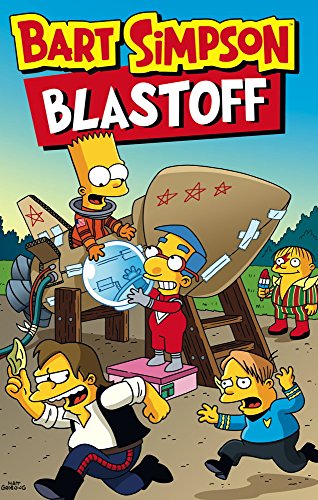 The image depicts the cover of a "Bart Simpson" comic book titled "Blast Off." The cover art features Bart Simpson, dressed in his signature red shirt and blue shorts, standing on a pink box, holding a large blue rocket. The rocket is positioned in front of a large brown launchpad, with a red banner above it displaying the title "BLASTOFF" in white letters. Bart is surrounded by other characters from the show, including Milhouse, who is running away from the scene