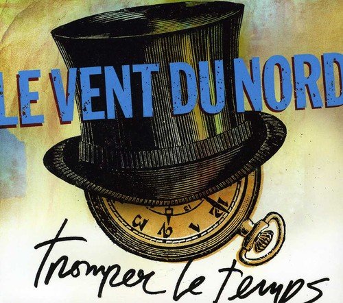 "Album cover with top hat on clock, blue text, and cursive signature on mottled background."