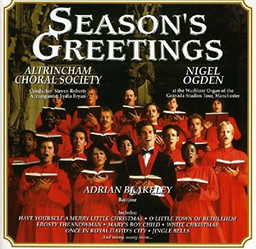 "CD cover with choir in red robes and 'Season's Greetings' title."