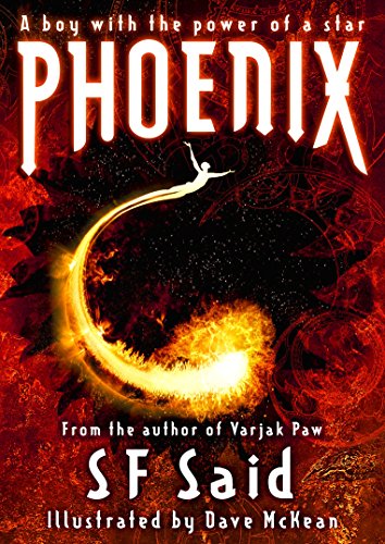 The image depicts a book cover with a fiery red background and a central figure. Alt text: Book cover with a boy leaping from a fiery arc against a red background.