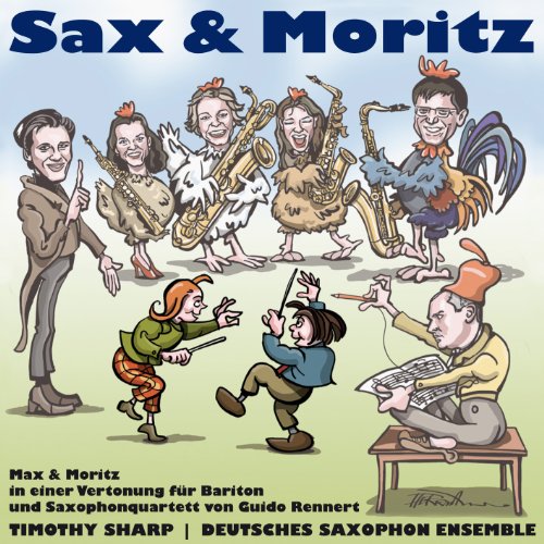 "Album cover featuring cartoon characters playing saxophones and a comedic scene with three men."