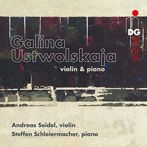 "CD cover with abstract black background, beige borders, and musician names in white and black text."