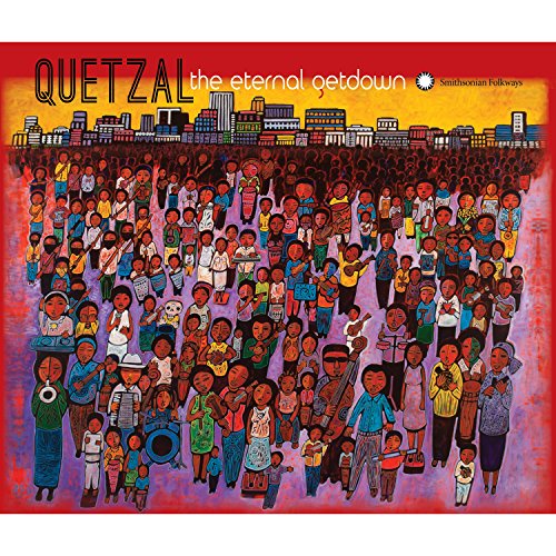 "Album cover art featuring a vibrant crowd illustration with city skyline and text."