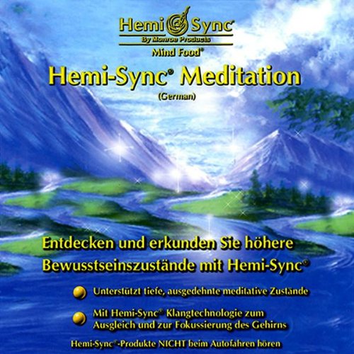 A serene landscape with mountains, water, and trees on a meditation CD cover.