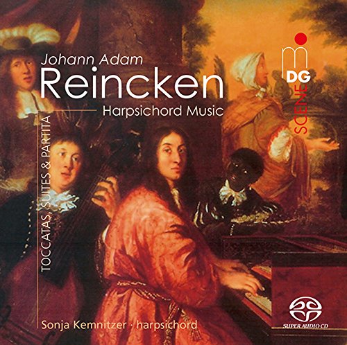 CD cover featuring a 17th-century painting of people playing harpsichords, with white and red text.