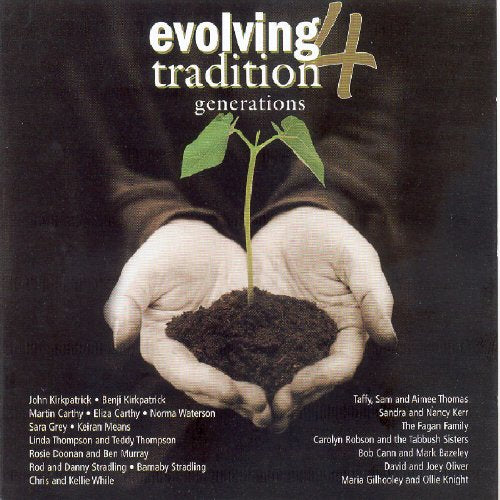 "Evolving Tradition 4 album cover featuring hands holding soil with a sprouting plant."