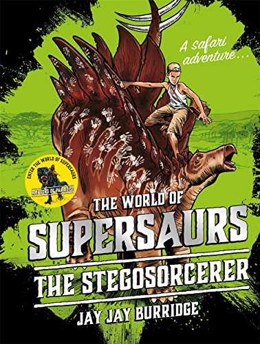 "Book cover featuring a boy riding a dinosaur with spiky back, green background."