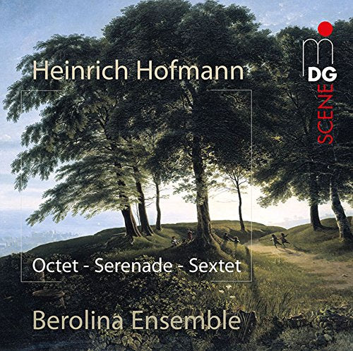 A serene landscape painting of trees on a hill with text overlay, classical music CD cover.