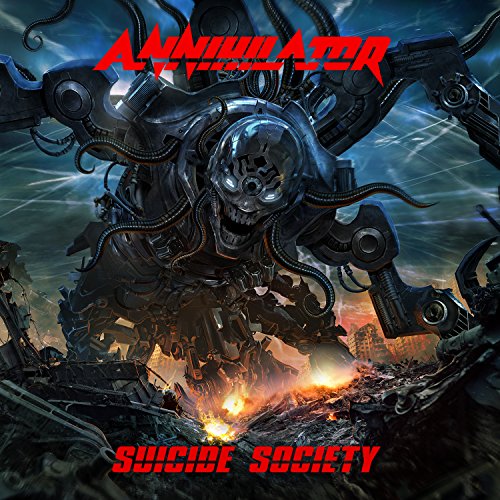 "Album cover art: robotic skeleton amidst destruction, with red title text."