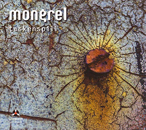 The image depicts a CD cover with a rusty metal surface and a central rivet.
