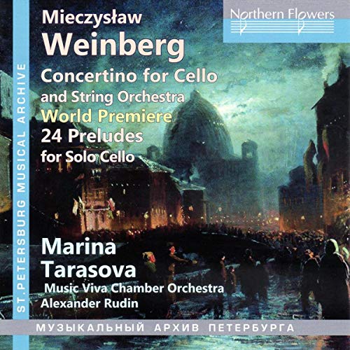 "CD cover with cityscape at night, featuring text about Weinberg's cello concertino and preludes."