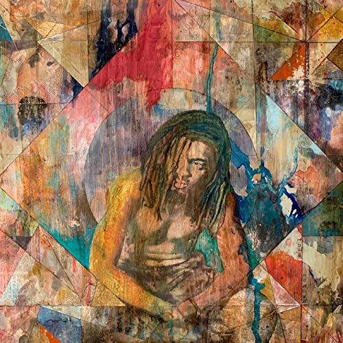 The image depicts a CD cover with a painting of a man with dreadlocks. Alt text: "CD cover with abstract painting of man with dreadlocks."
