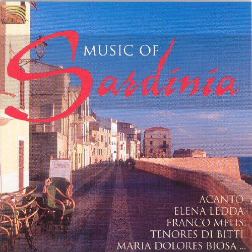 "Album cover with 'Music of Sardinia' title, featuring a Sardinian street scene."