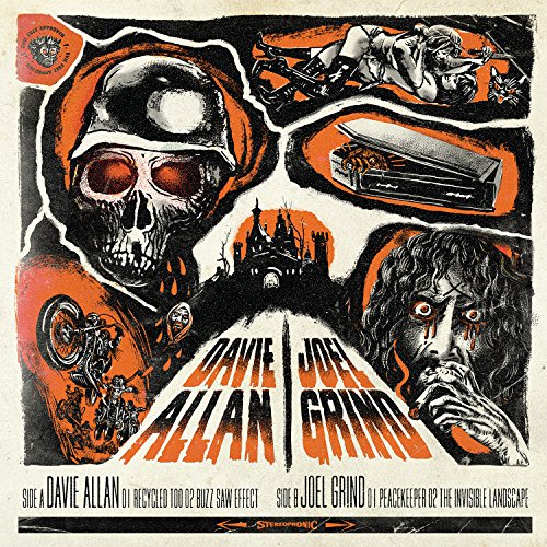 Vinyl record sleeve with skull and castle illustration in orange, black, and white.