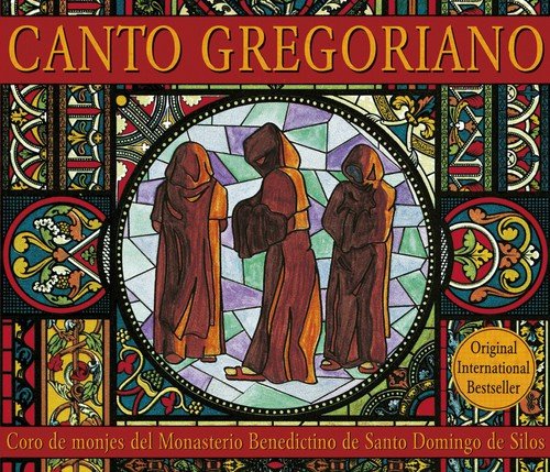 "CD cover featuring monks in robes within a stained glass window design."