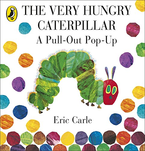 "The Very Hungry Caterpillar" children's book cover featuring a colorful caterpillar and fruit illustrations.