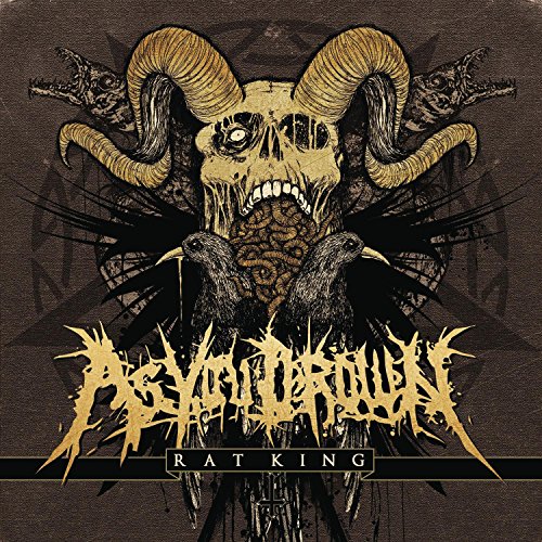 The image depicts a dark, gothic-inspired album cover featuring a skull with horns and the title "RAT KING" in bold, stylized text. * The skull is centered at the top of the image, with its horns curled upwards and outwards. * The skull is rendered in a light-brown color, with darker shading around the eyes and mouth. * The horns are also light-brown, with a subtle texture that gives them a sense of depth and