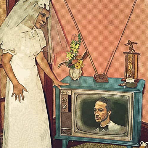 Bride in white stands beside a vintage TV showing a man in a tuxedo.