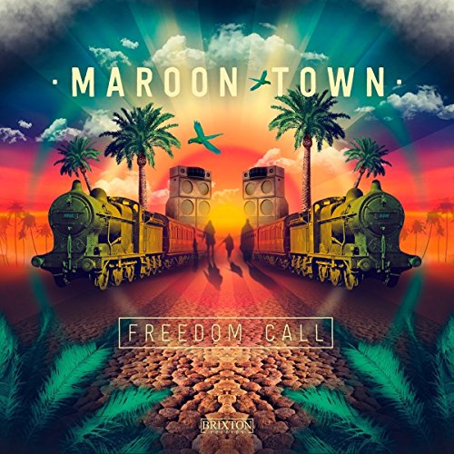 Album cover: two trains facing each other, surrounded by palm trees and sunset background.
