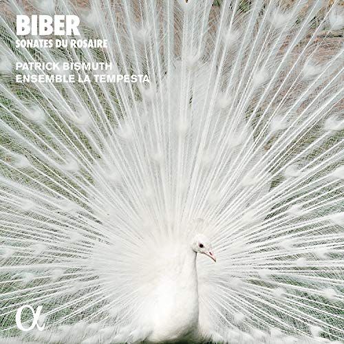 White peacock with spread feathers on a green background, classical music CD cover.