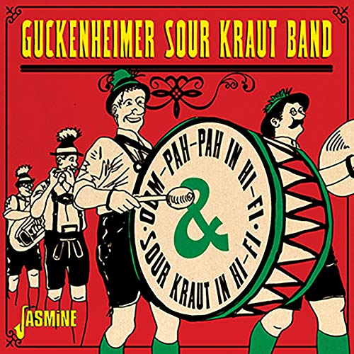 "Red album cover with cartoon men in traditional German attire playing musical instruments."