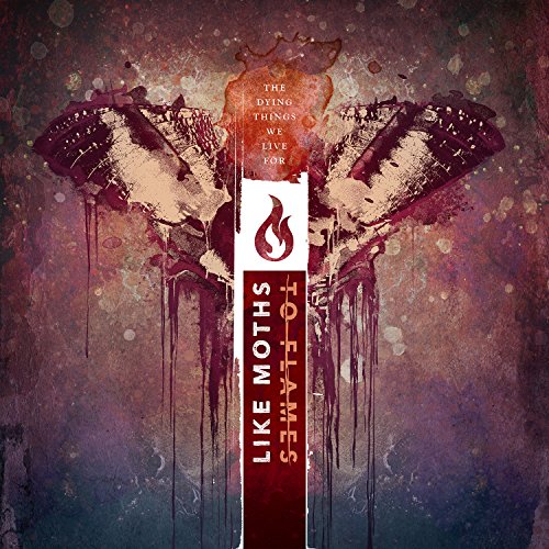 "Album cover with moth wings and red, abstract background, titled 'The Dying Things We Live For'."