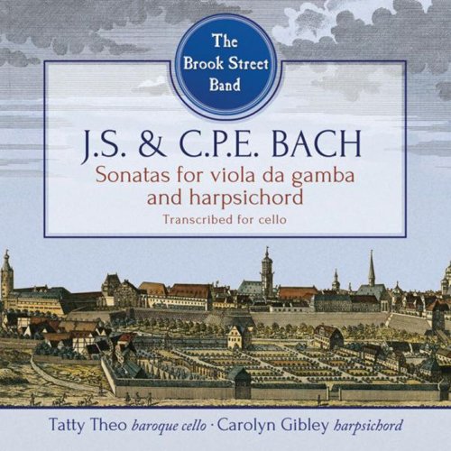 CD cover with a town illustration and blue logo, featuring text about Bach sonatas.