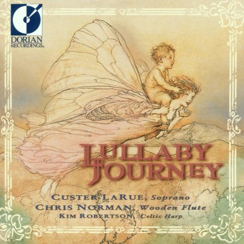 "Lullaby Journey" CD cover featuring a child on a butterfly, with ornate border.