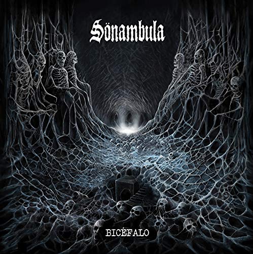 "Album cover art: dark, eerie scene with skeletons and skulls, 'Sonambula' and 'Bicefalo' text."