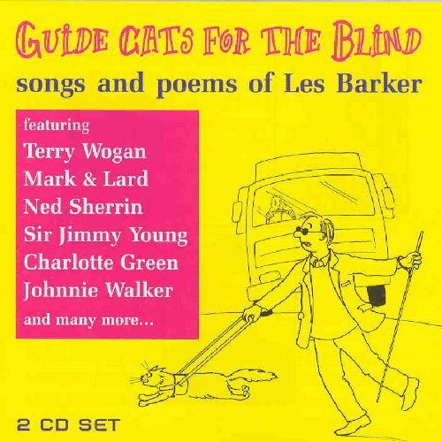 "Yellow CD cover with line drawing of a blind man and guide cat."