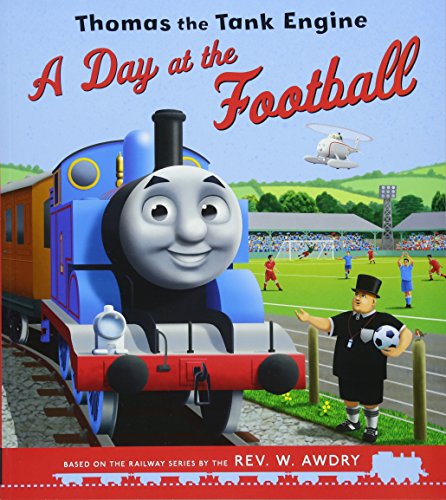 "Children's book cover featuring Thomas the Tank Engine and a boy at a soccer field."
