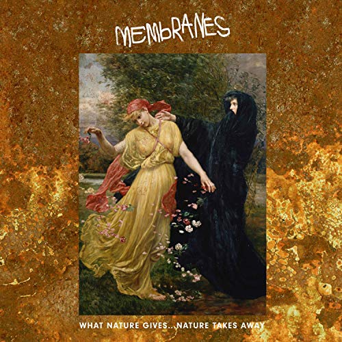 "Album cover featuring a painting of two women, one in black, on a gold background."