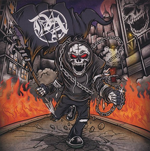 The image shows a cartoon grim reaper breaking free from chains, surrounded by flames.