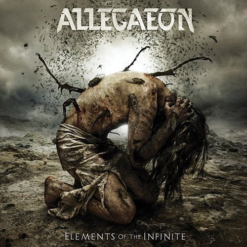 "Album cover art featuring a grotesque, twisted figure kneeling on a rocky ground."