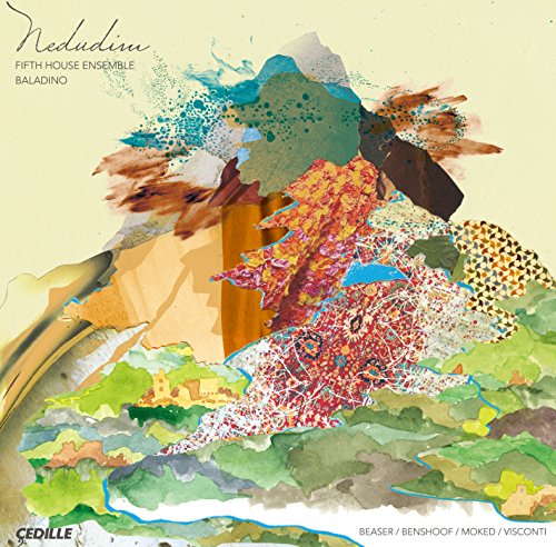 The image is a CD cover for "Nedudim" by 5th House Ensemble/Baladino. Here is a concise description of the image in 15 words or less: Abstract, colorful art on a pale yellow background, with text in the top-left corner.
