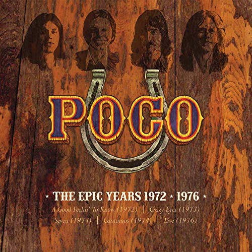 "Poco band logo and members on a wooden background with horseshoe."