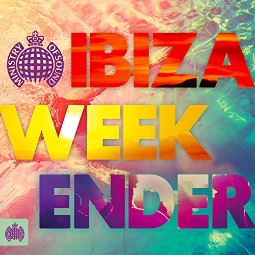"CD cover with 'IBIZA WEEKENDER' text in rainbow gradient, abstract background."