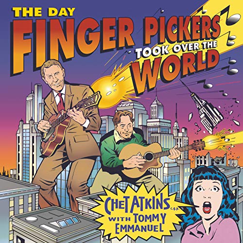 "Album cover art featuring cartoon musicians playing guitars amidst a cityscape explosion."