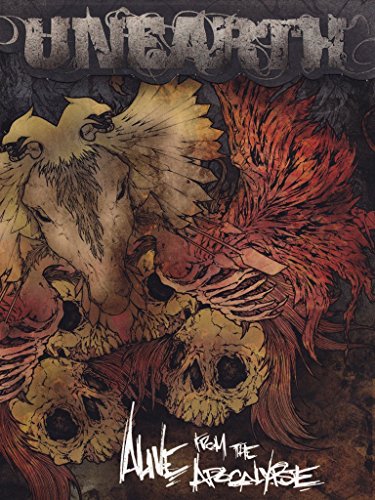 "Album cover art with skulls and birds, 'Unearth' and 'Alive From The Apocalypse' text."