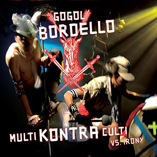 "Gogol Bordello album cover featuring two men performing on stage with red goat logo."
