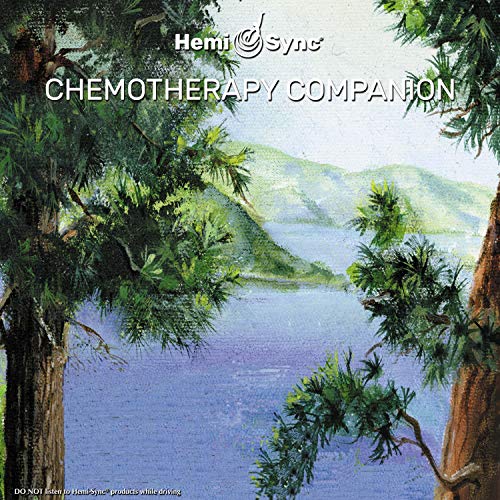The image is a CD cover for "Hemi-Sync - Chemotherapy Companion". #### Alt text: "CD cover with serene lake scene, trees, and yellow text describing Hemi-Sync product."