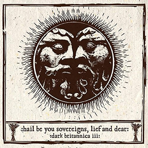 "Album cover with a dark sun face illustration and text on a beige background."