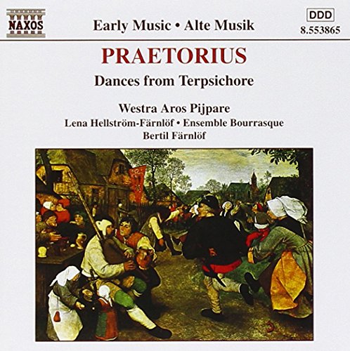 "CD cover with medieval painting of people dancing, titled 'Praetorius: Dances from Terpsichore'."