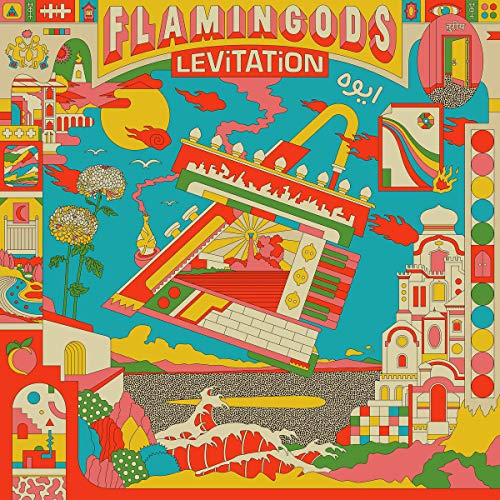 "Album cover art for 'Flamingods - Levitation' featuring a vibrant, abstract, fantastical scene."