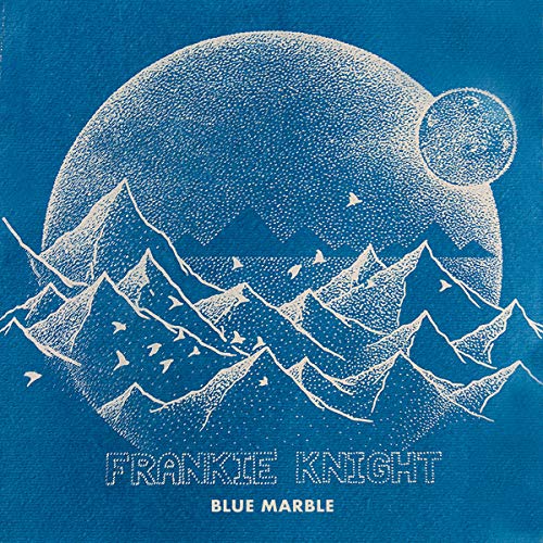 "Blue album cover with white mountains, birds, and moon illustration, featuring artist and album name."