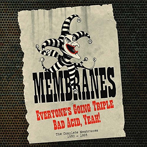 "Album cover with jester illustration, bold text on torn paper, dark background."