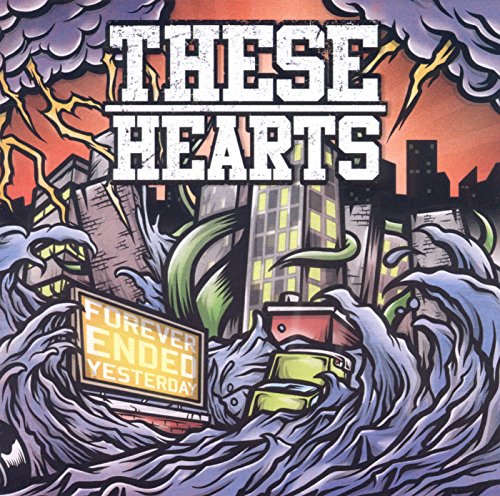 "Album cover art: 'These Hearts' with cityscape engulfed in waves and dark clouds."