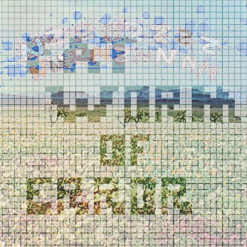 Mosaic image of a landscape with stylized text overlay in various colors and fonts.