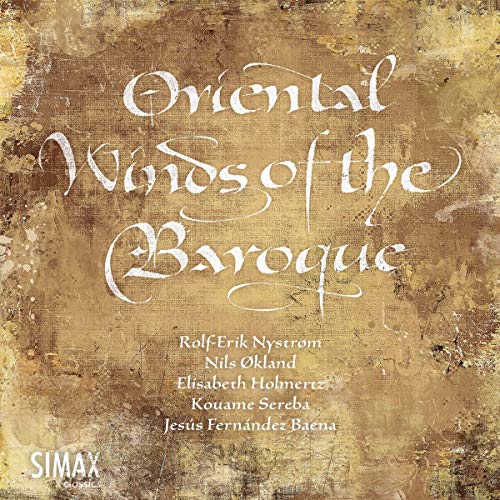 "CD cover with 'Oriental Winds of the Baroque' title on a textured brown background."
